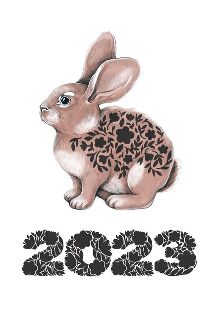 Photo christmas card with rabbit and flowers lettering 2023 digital drawing on a white background