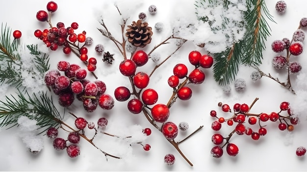 A christmas card with red berries and pine cones