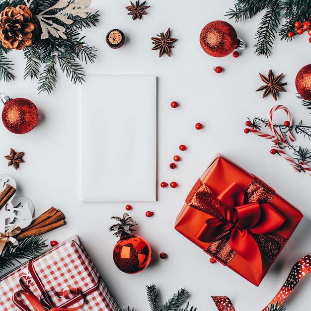 a christmas card with a red box with a christmas tree on it