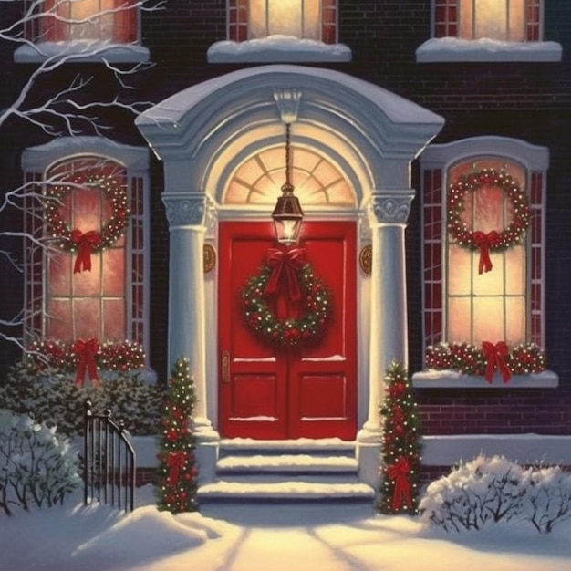 A christmas card with a red door and wreaths on the door.