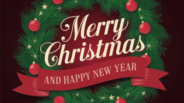 a christmas card with a red ribbon and a christmas tree