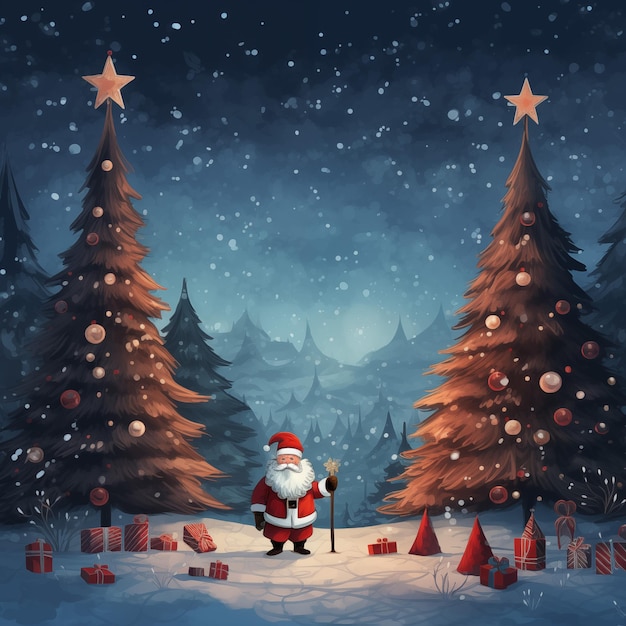 Фото Рождественская открытка с санта и деревом на темном фоне