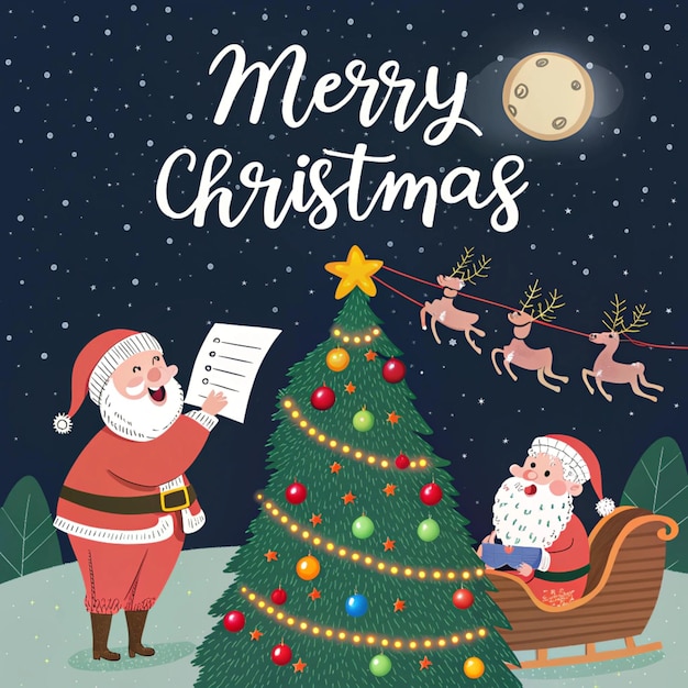 a christmas card with a santa and a christmas tree with a star on it