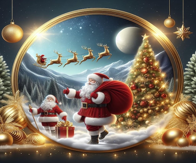 サンタクロースとクリスマスツリーのクリスマスカード