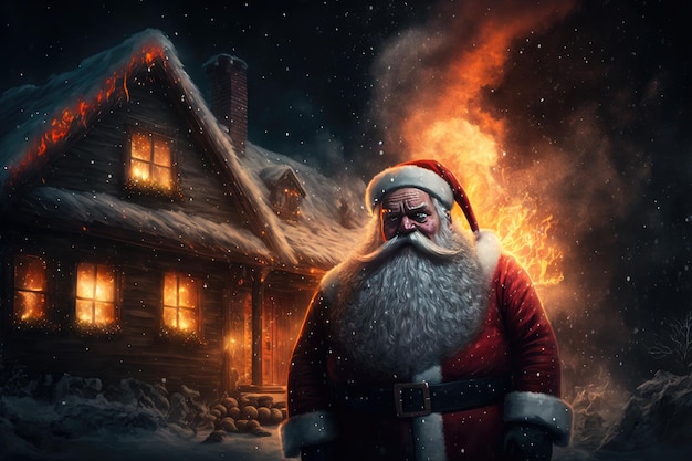 A christmas card with santa claus in front of a house with a burning house in the background.