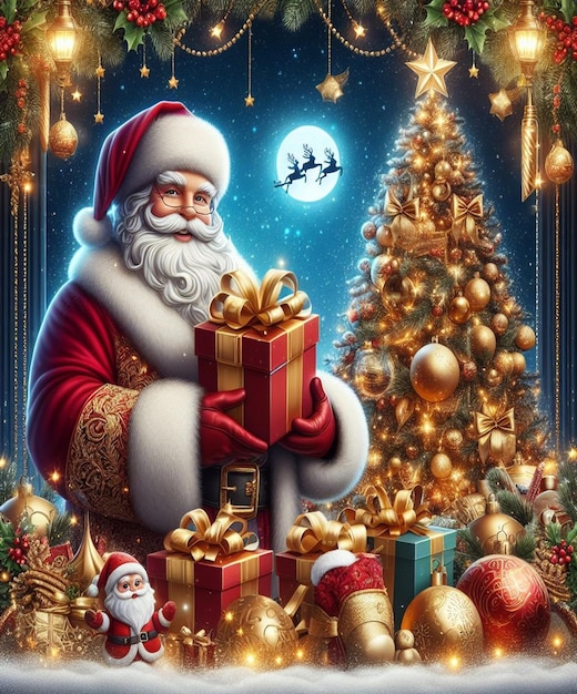 a christmas card with a santa claus holding a present
