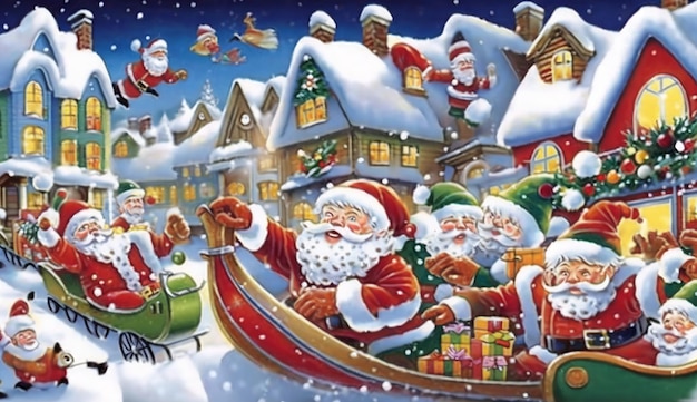 산타클로스가 있는 크리스마스 카드와 선물이 가득한 썰매.