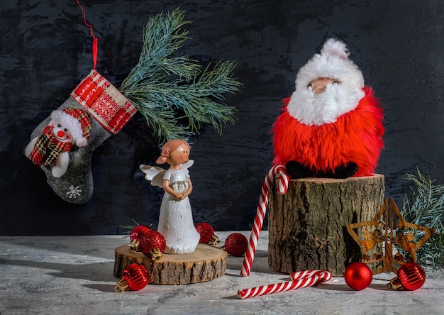 Christmas card with Santa fir branches sweets and festive decor