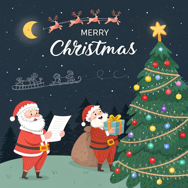 a christmas card with santa and santa reading a letter