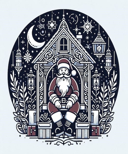 a christmas card with a santa sitting in front of a house with a santa