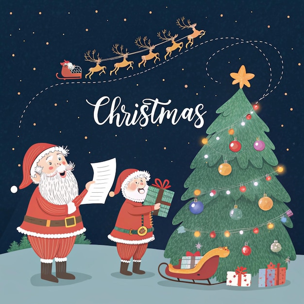 a christmas card with santas and a christmas tree