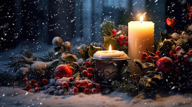 Christmas card with snow and candles Winter holidays ornament and candles on the Xmas scene Generated AI