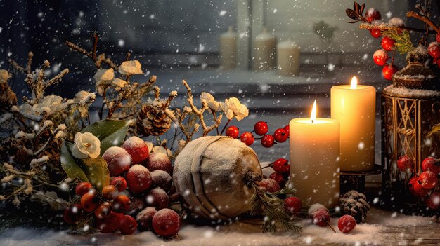 Christmas card with snow and candles Winter holidays ornament and candles on the Xmas scene Generated AI