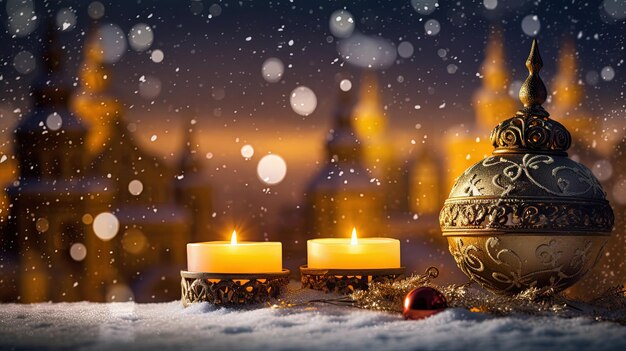 눈과 불이 있는 크리스마스 카드 겨울 휴가 장식품과 크리스마스 장면의 불