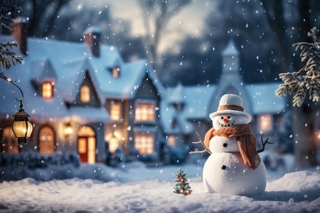 Christmas card with a snowman in front of snowcovered houses in the forest on Christmas night AI generation