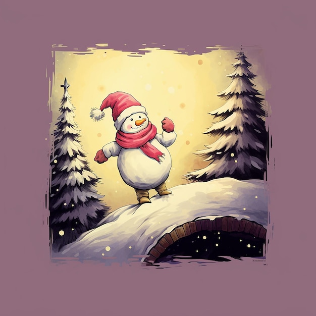 Christmas card with a snowman in the winter forest Retro style