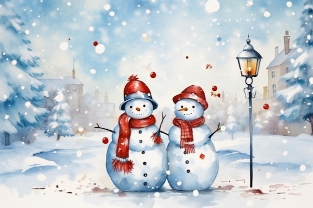 Christmas card with snowmen holding an umbrella in the snow decorative paintings with empty copy s