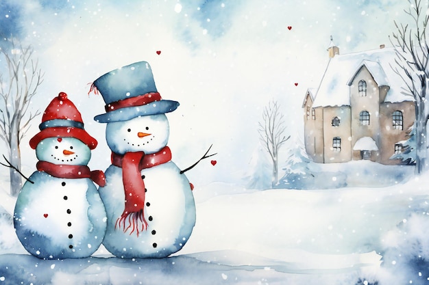 Christmas card with snowmen holding an umbrella in the snow decorative paintings with empty copy s