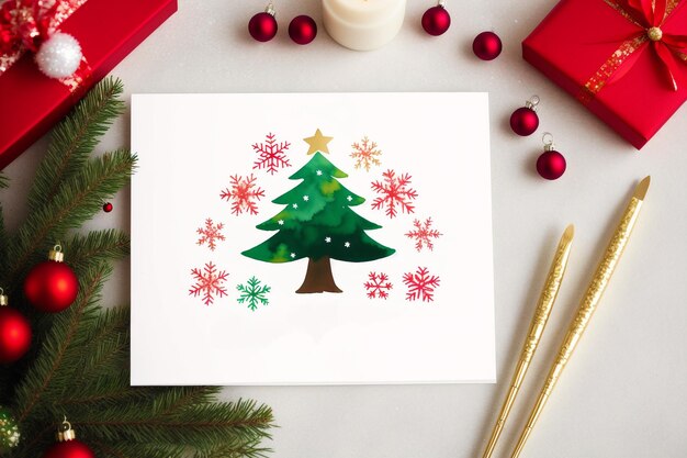 테이블 위에 나무와 선물 상자가 있는 크리스마스 카드.