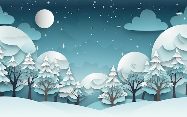 Christmas card with trees snow and clouds paper cutouts and minimalist style AI