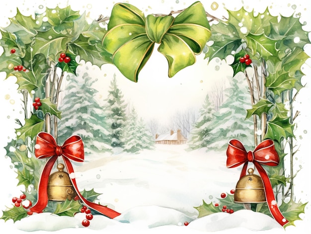 christmas card with a wreath and bells in the snow