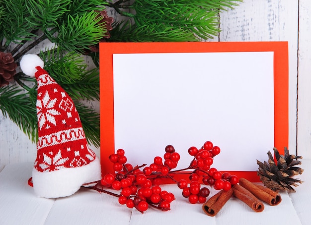 Christmas card on wooden table