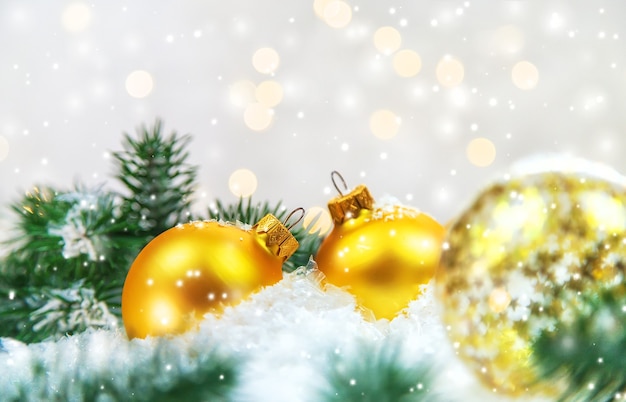 Christmas cards with snow and decor. Selective focus.