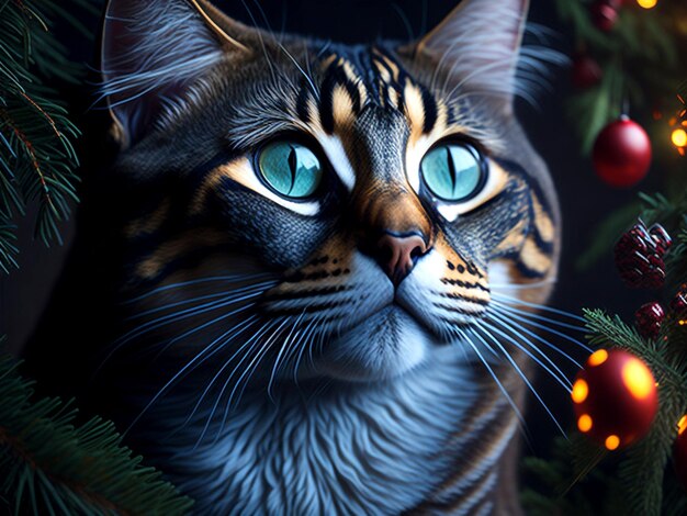 Photo christmas cat background christmas decorations wallpaper ai generative