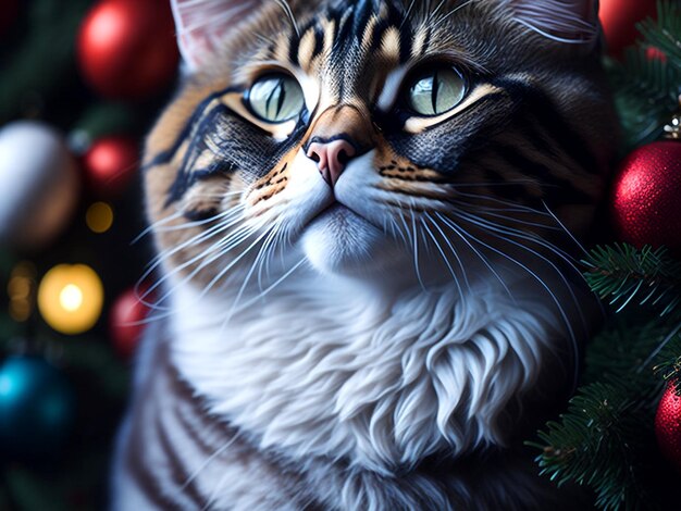 Photo christmas cat background christmas decorations wallpaper ai generative