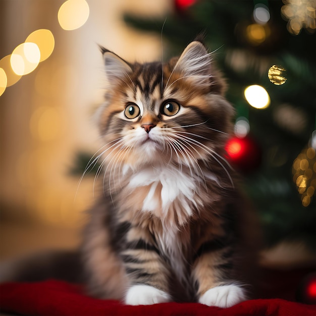 Foto gattino di natale con sfondo di natale