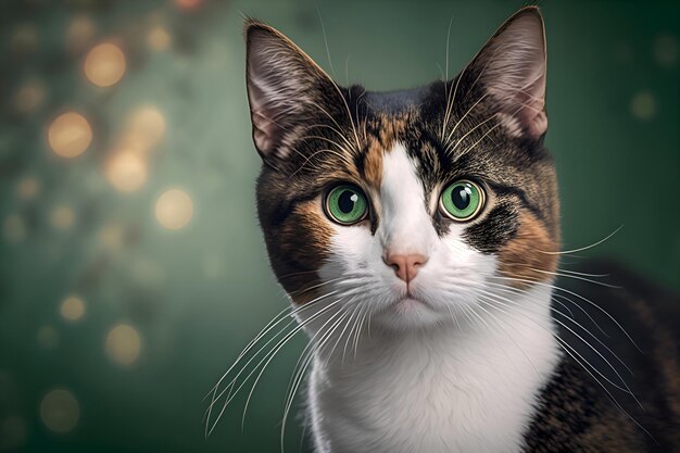 緑の背景にクリスマス猫の肖像画