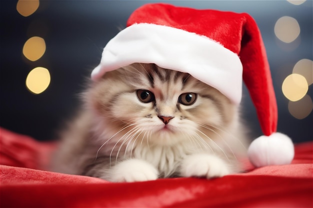 Gatto di natale in cappello rosso di babbo natale