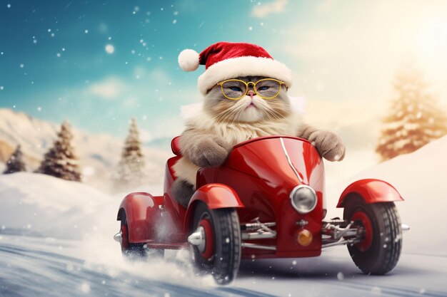 Christmas cat ride on sport car on snow