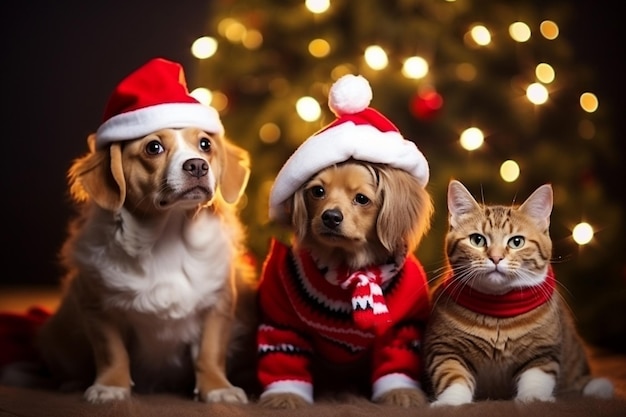 Christmas cats and dogs in sweaters and hats under the snow Lights and Christmas atmosphere Generative AI