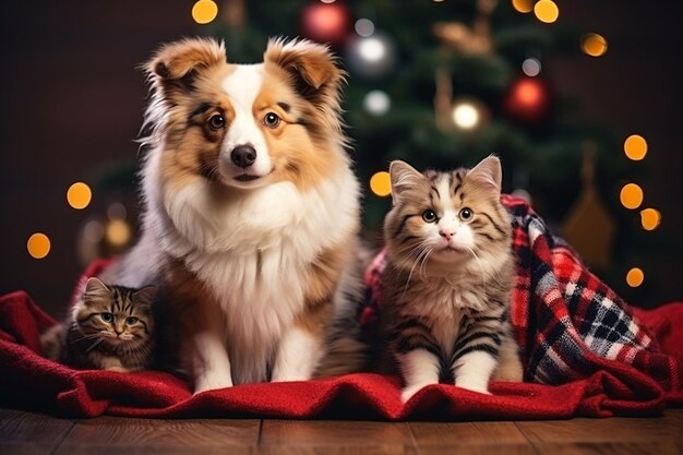 Christmas cats and dogs in sweaters and hats under the snow Lights and Christmas atmosphere Generative AI