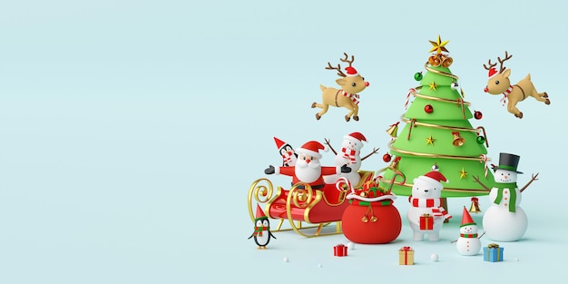 Photo christmas celebrate with santa claus and friends 3d rendering