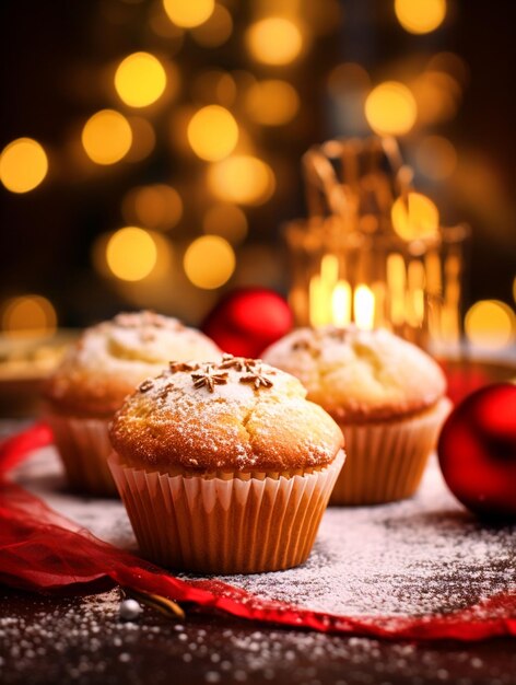 Christmas celebration with homemade muffins background