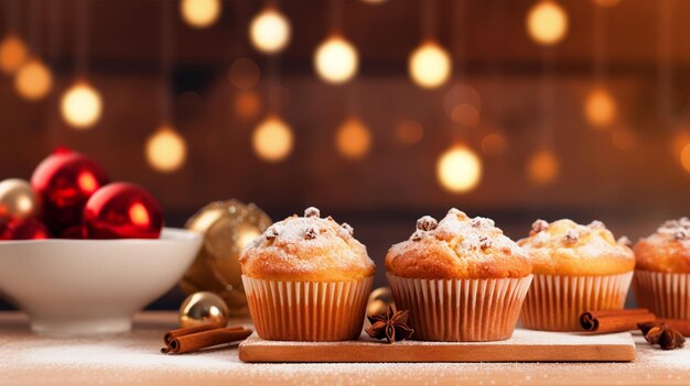 Christmas celebration with homemade muffins background