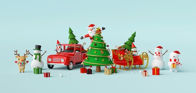 Christmas celebration with Santa Claus and friends 3d rendering