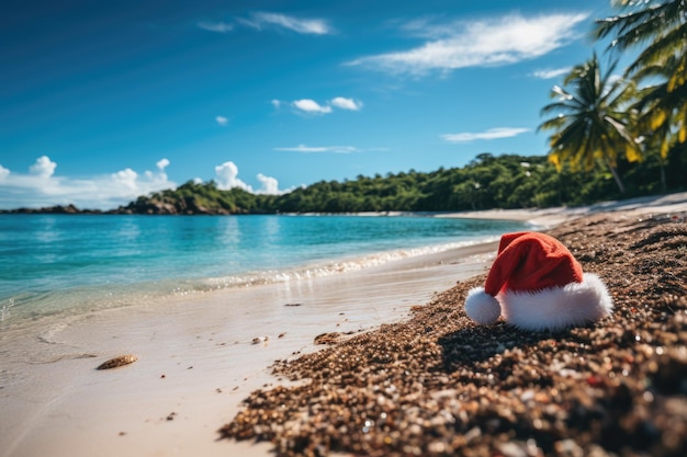 Christmas celebration with santa hat on tropical beach generative ai