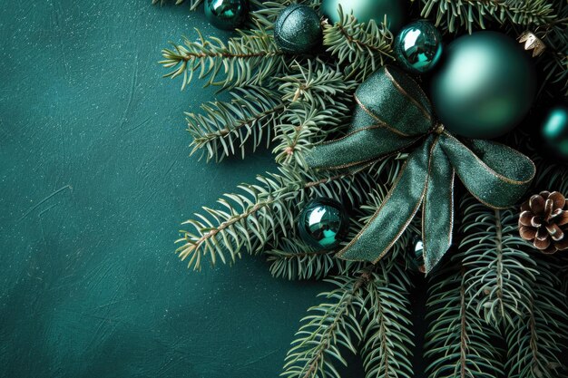 Christmas Celebrations Festive Branches and Baubles on Green Background