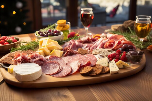 Photo christmas charcuterie board with wine for dinner on the wooden table and nature background