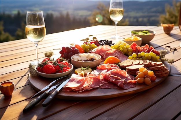 Photo christmas charcuterie board with wine for dinner on the wooden table and nature background