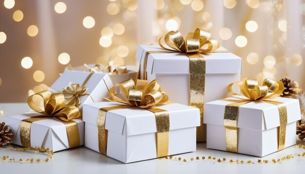 クリスマスの魅力 黄金のリボンと光り輝く白いプレゼントのクローズアップ