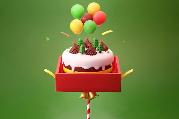 Christmas chocolate cake pop with white icing and colorful balloon in red gift box 3d illustration