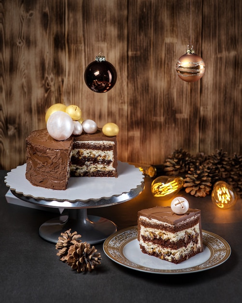 Christmas Chocolate Cake on wooden