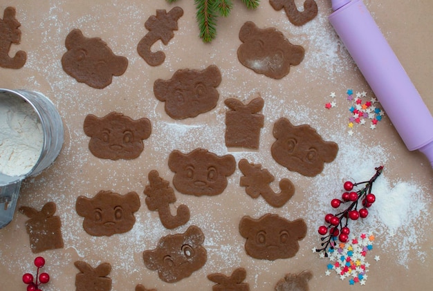 クリスマスチョコチップクッキー。新年の自家製タイガージンジャーブレッドクッキーのセットです。 2022年のシンボルのクッキー。子供のためのコンセプト、クリスマス休暇の甘いデザート。