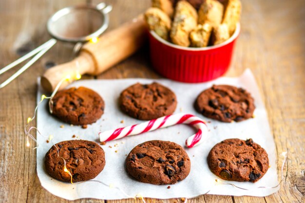 Christmas chocolate chip cookies with chocolate dropsNew year with chocolateChristmas postcard