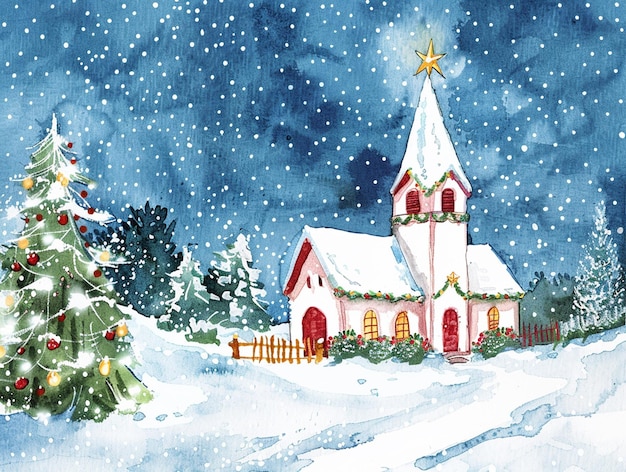 雪のクリスマス教会 手描きのクリスマスグリーティングカードデザイン