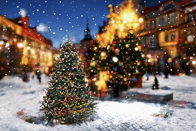 Photo christmas city and new  year festive decoration green tree illuminated snowy  old town